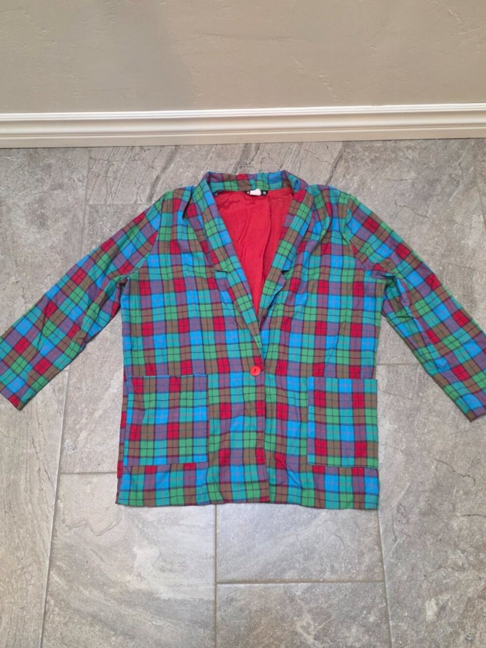 Vintage 80s Women's Blue Red Plaid Blend Blazer Jacket Size Med Pockets